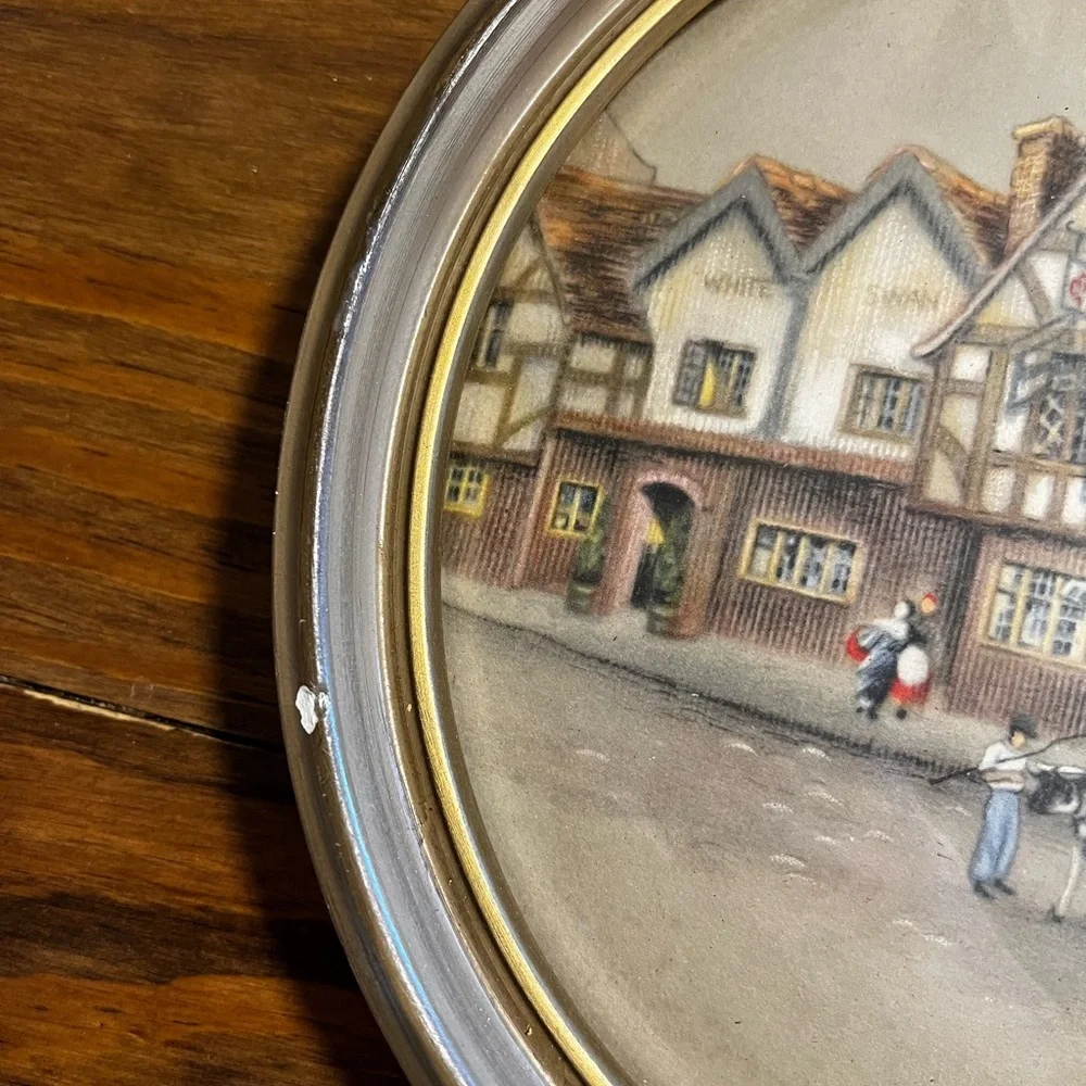 Vintage Round Wall Art with Village Scene - Picture 2 of 5